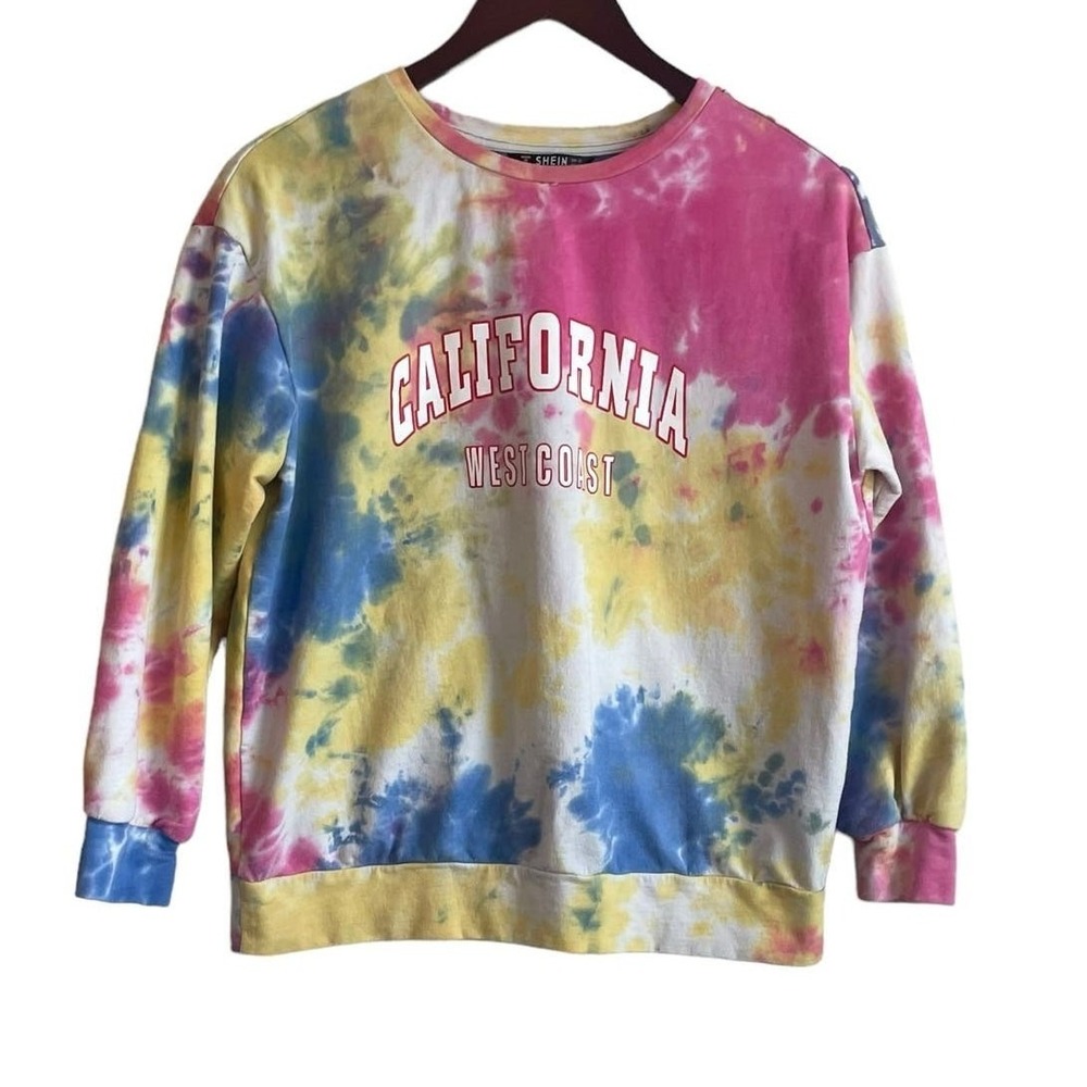 Shein Womens Tie Dye California Sweatshirt‎ XS Multicolor Graphic Pullover Boho